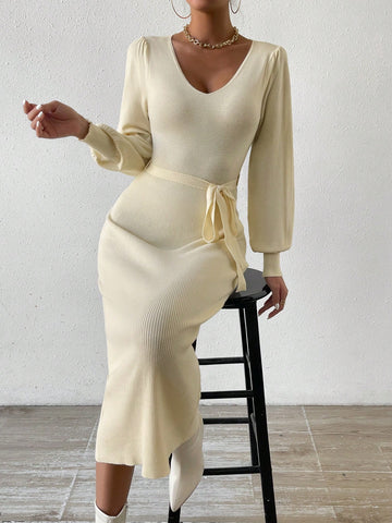 V-neck Lantern Sleeve Bodycon Sweater Dress With Belt