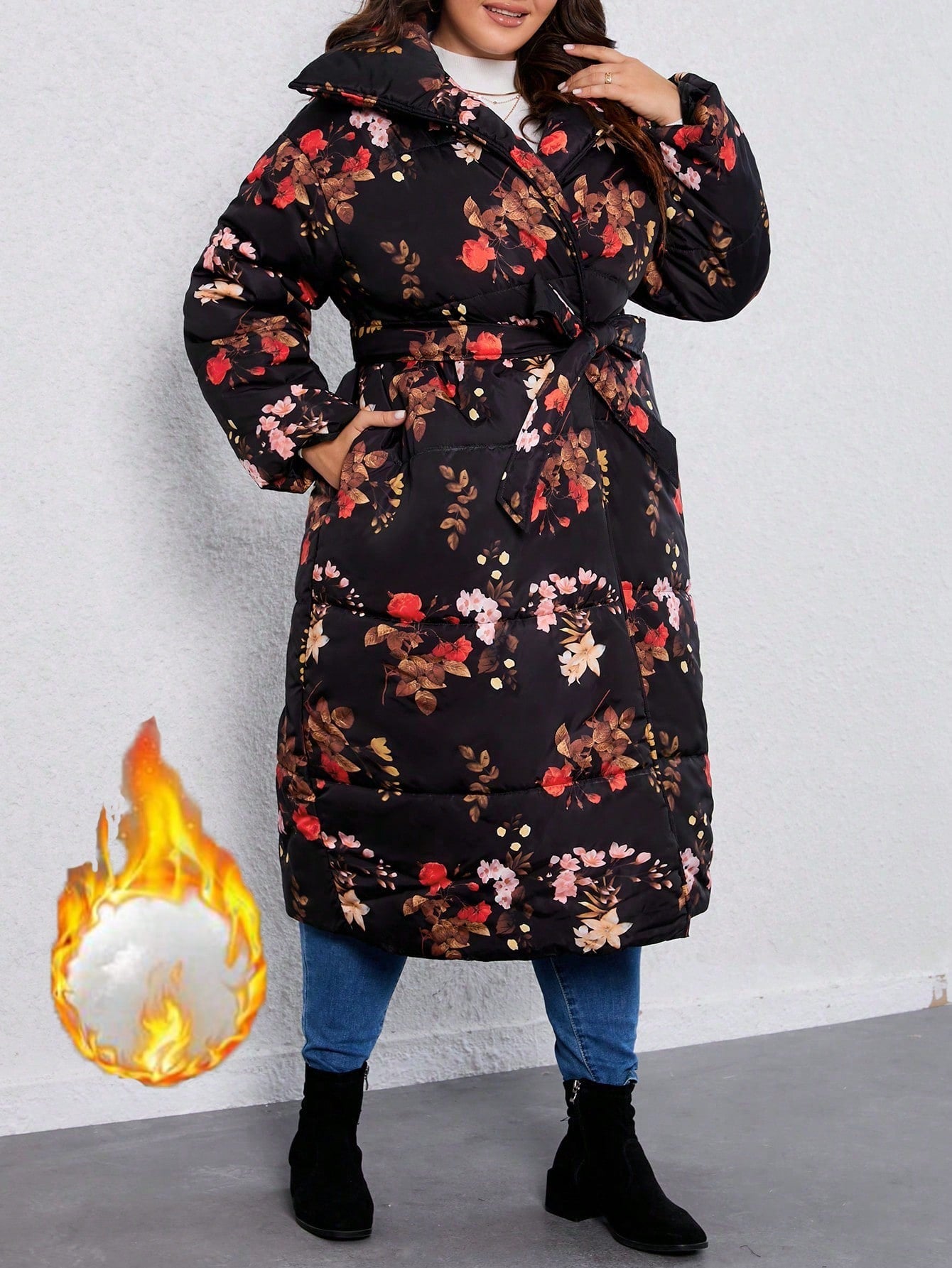 Plus Floral Print Belted Puffer Coat