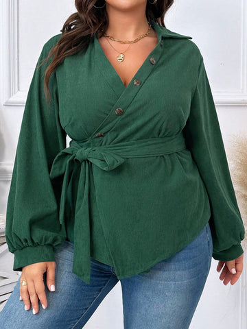 Plus Size Solid Color Button & Belt Detail Wrap Shirt