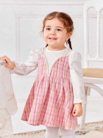 Baby Girl Casual 2 In 1 Patchwork Tweed Long-Sleeved Dress