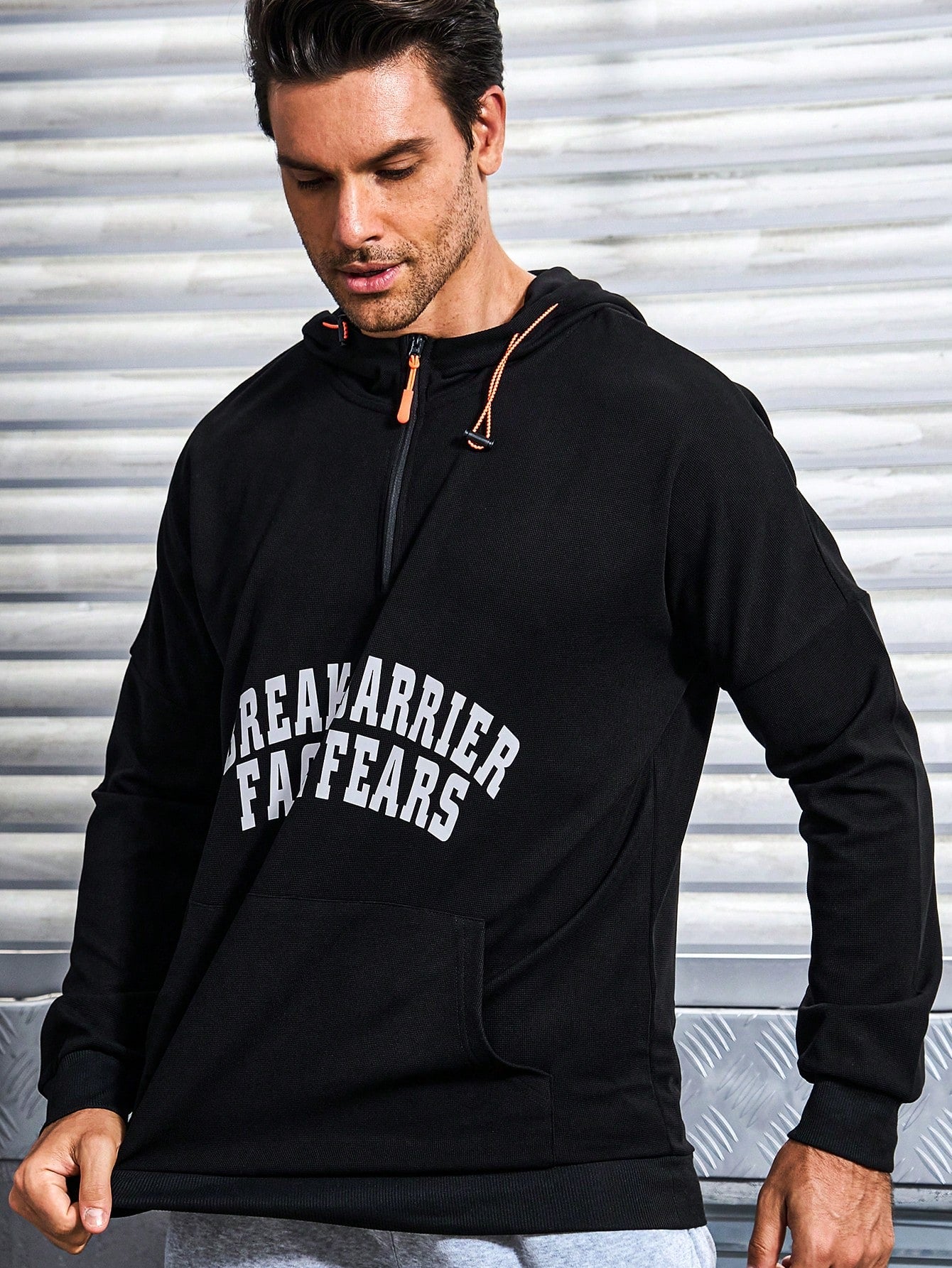 Men's Slogan Print Drawstring Hooded Track Jacket Workout Tops