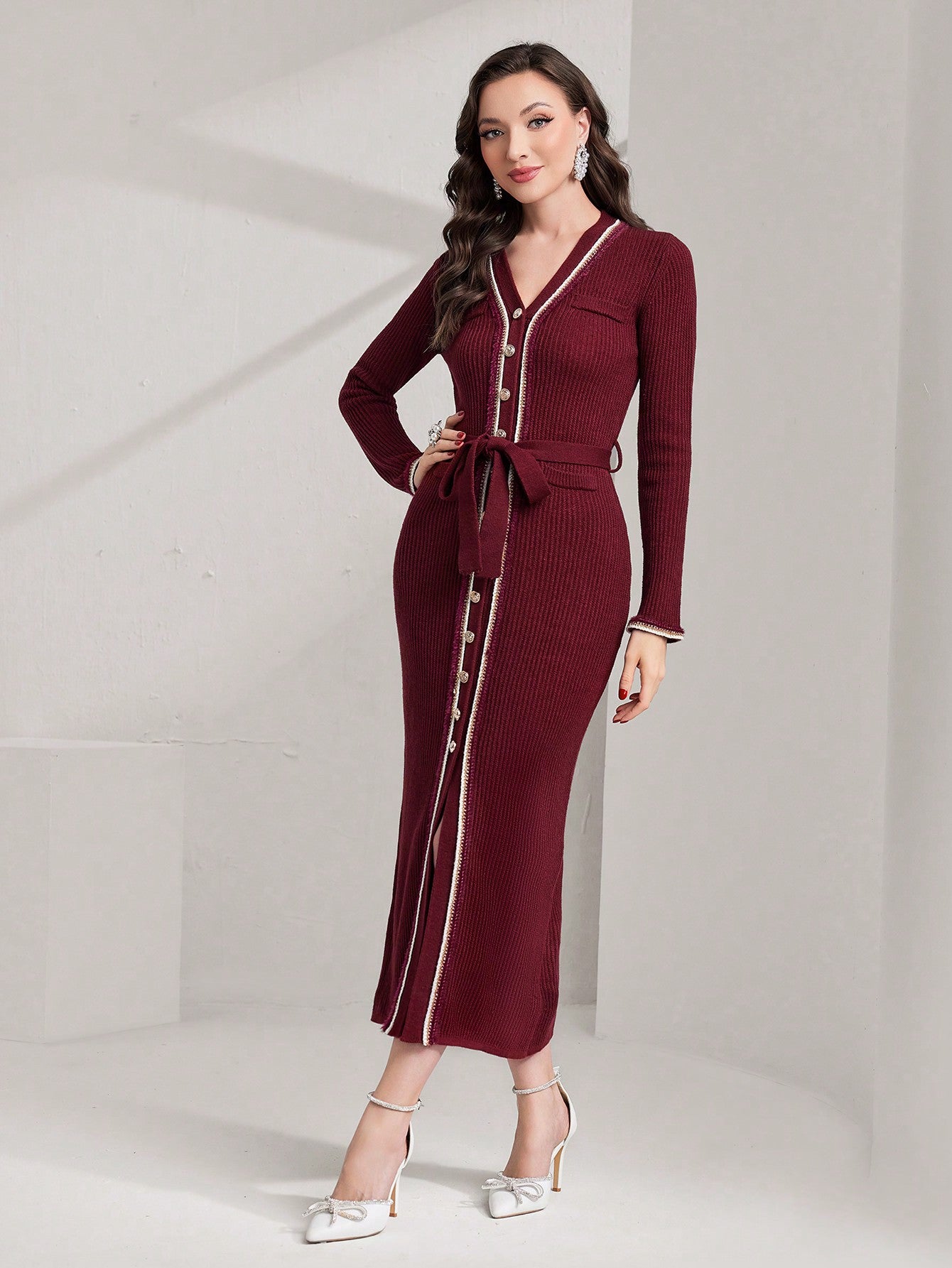 Women's Button-up Belted Sweater Dress With Contrast Trims