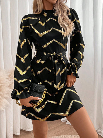 Chevron Print Flounce Sleeve Belted Dress