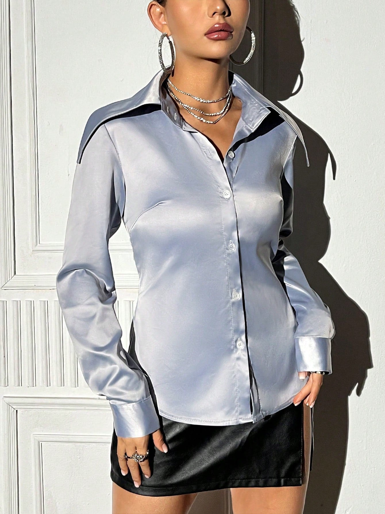 Solid Color Button-front Shirt