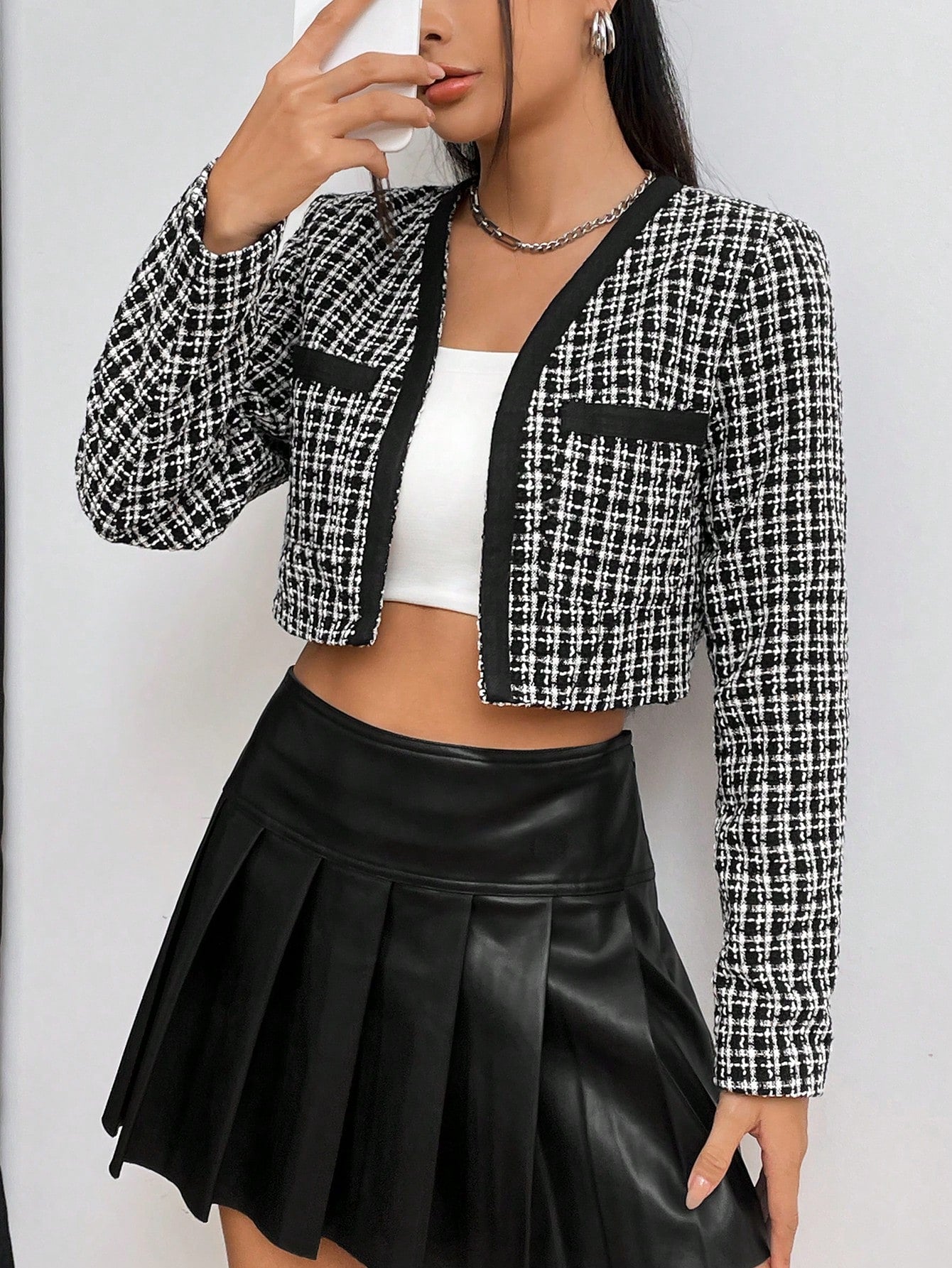 Plaid Pattern Contrast Trim Crop Tweed Overcoat