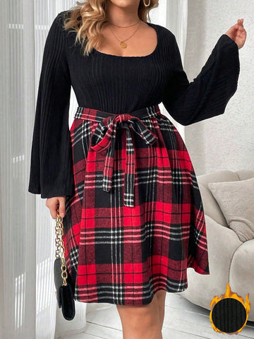 Plus Plaid Print Belted Dress