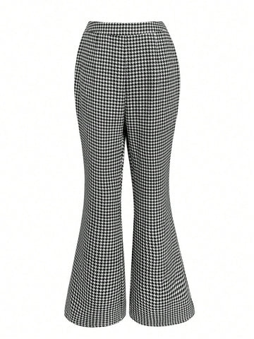 Plus Houndstooth Print Flare Leg Pants