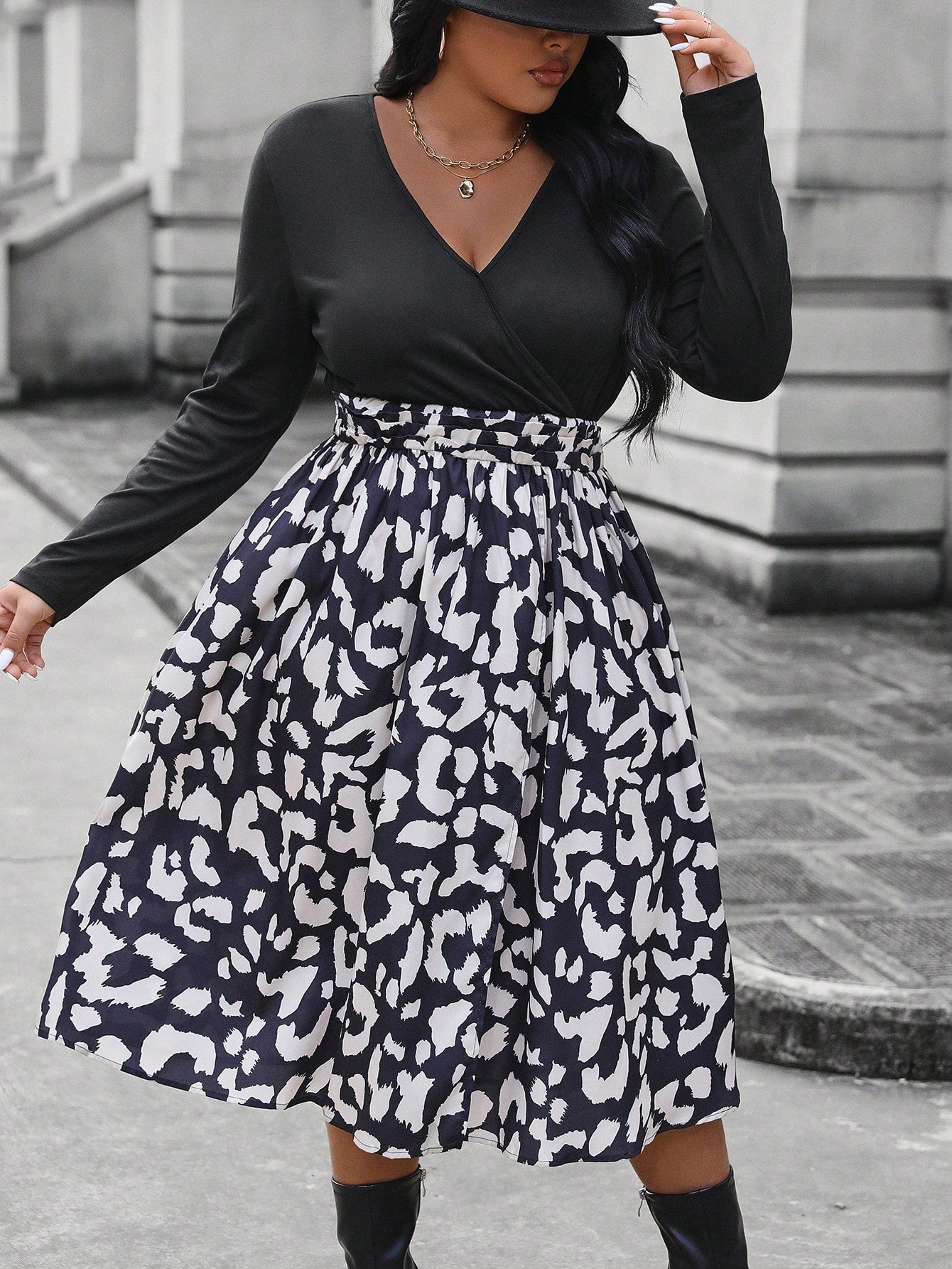 Plus Size Leopard Pattern Spliced High Slit Dress