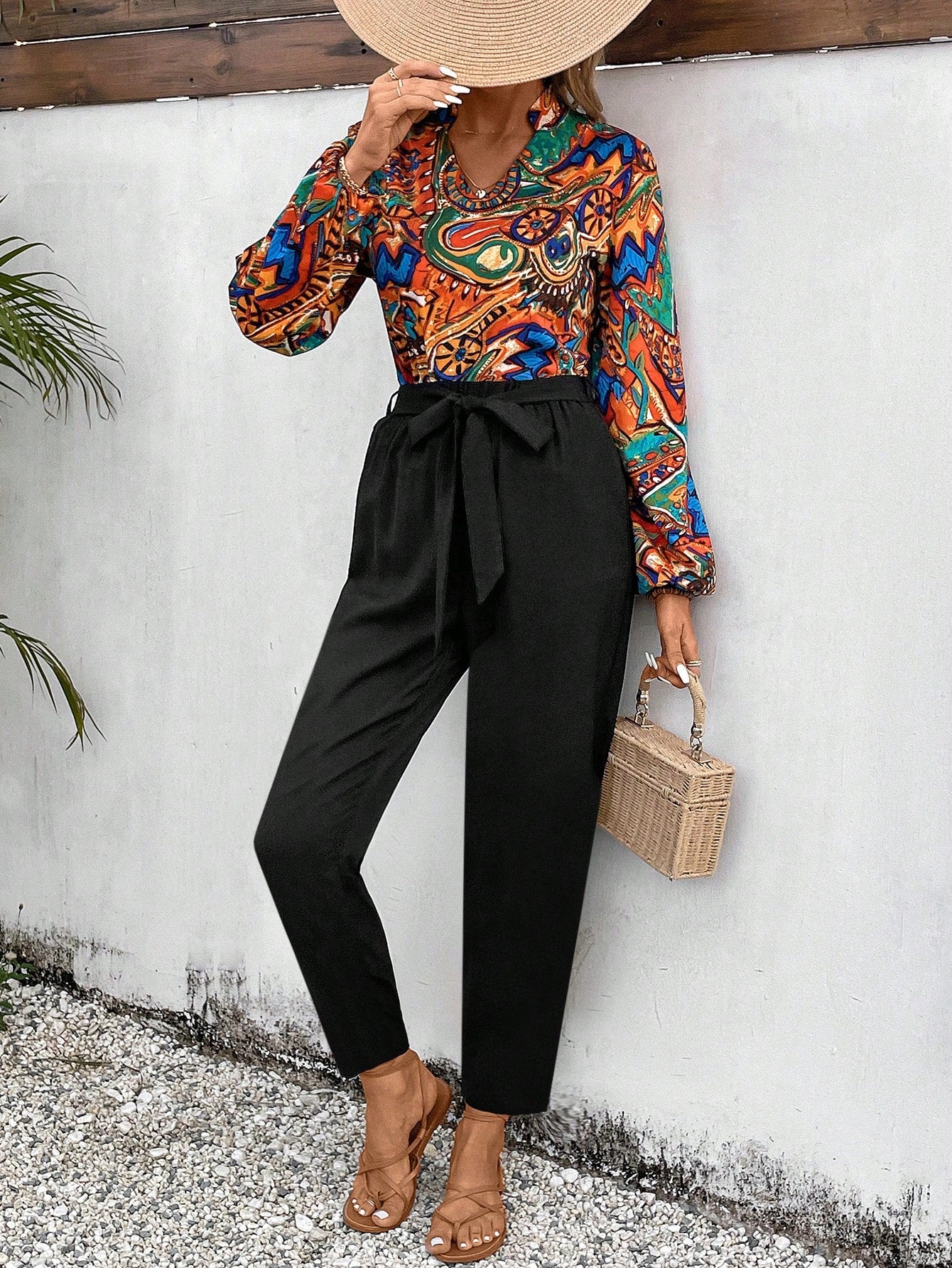 Women's Graphic Print Lantern Sleeve Top And Belted Pants Two Piece Set