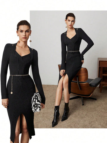 Women's High Slit Sweater Dress (belt Not Included)