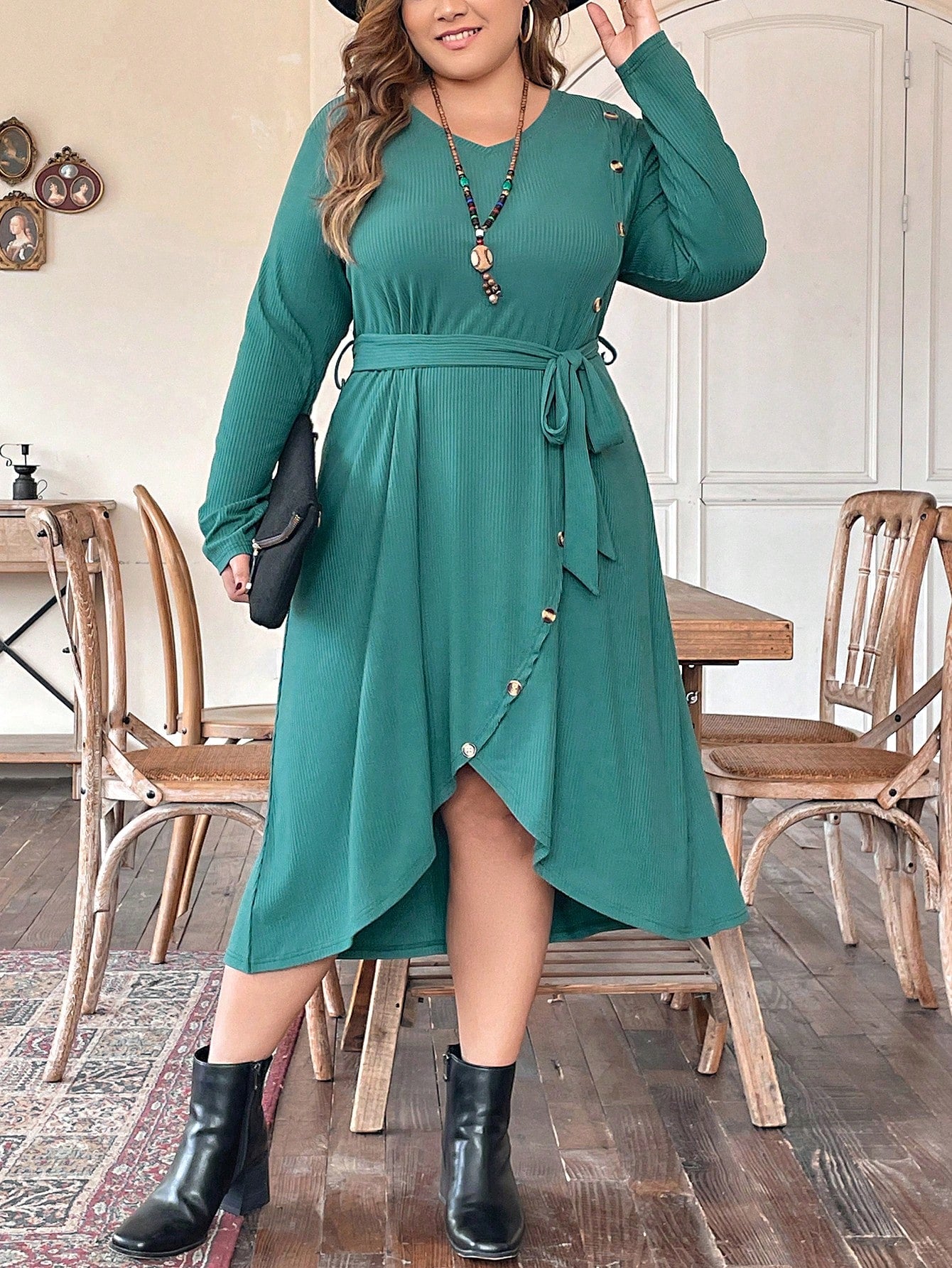 Plus Button Detail Belted Wrap Hem Dress