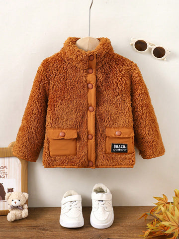 Baby Boy Letter Patched Flap Pocket Teddy Coat