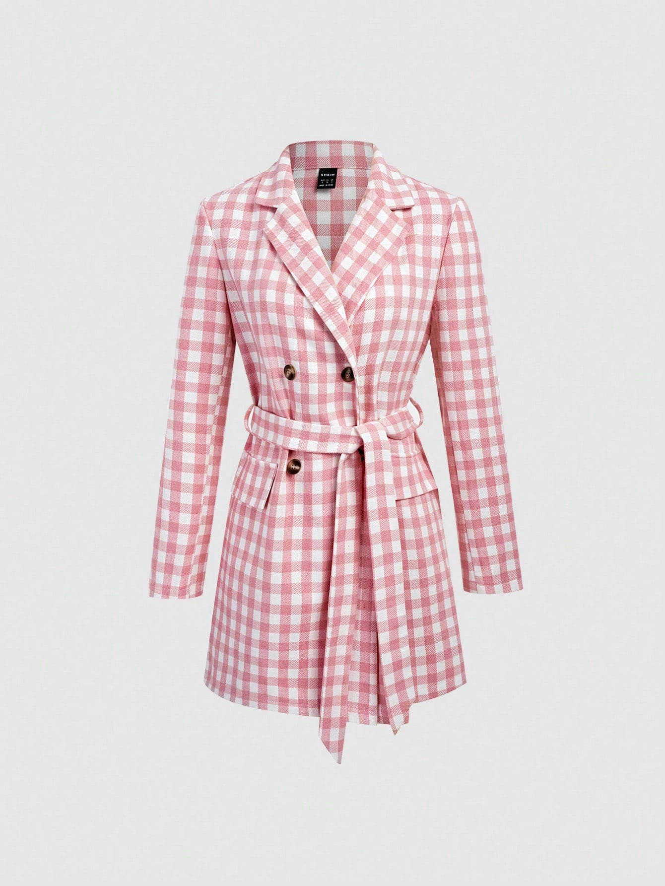 Women's Plaid Double Breast Belted Woolen Coat