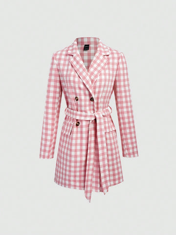 Women's Plaid Double Breast Belted Woolen Coat