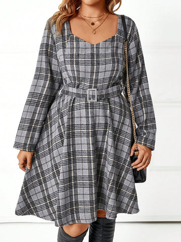 Plus Plaid Print Sweetheart Neck Belted Dress