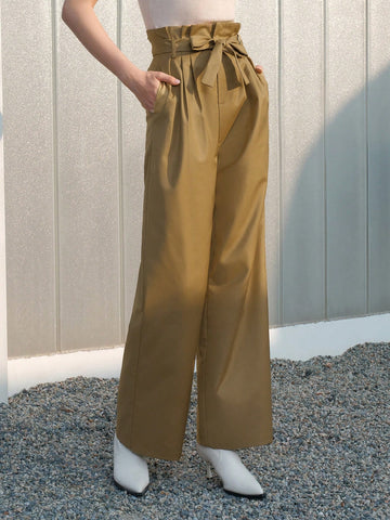 Solid Paperbag Waist Belted Pants