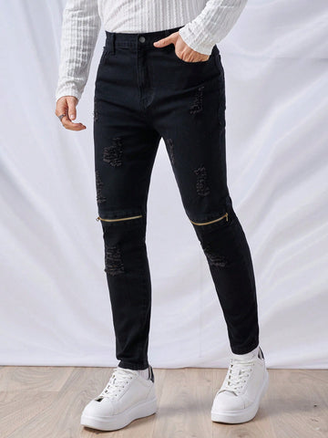 Men's Stretch Zipper Design Irregular Ripped Slim Fit Jeans