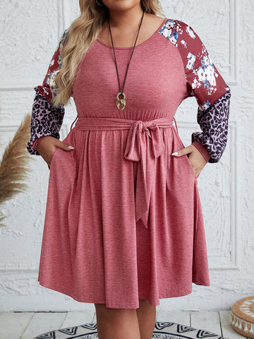 Plus Size Floral & Leopard Print Raglan Sleeve Dress With Belt