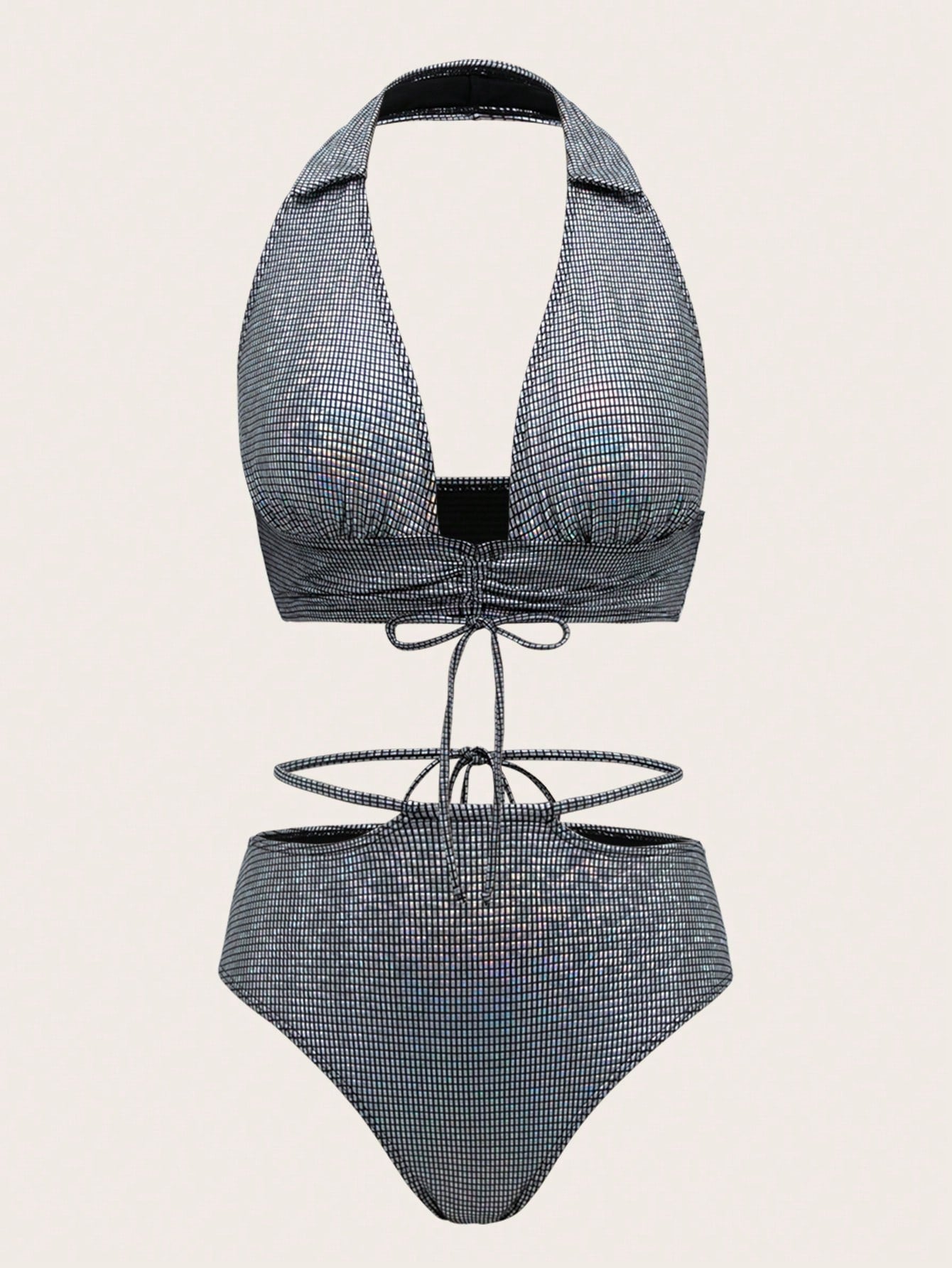 Drawstring Holographic Metal Bikini Set