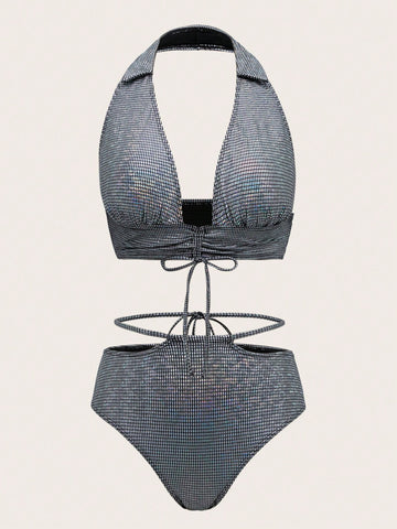 Drawstring Holographic Metal Bikini Set