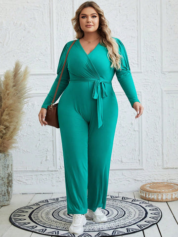 Plus Size Solid Color V-neck Long Sleeve Jumpsuit