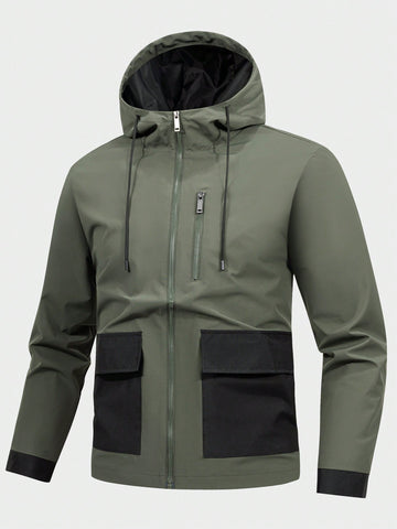 Men's Color Blocking Hooded Zipper Closure Drawstring Sports Jacket Workout Tops