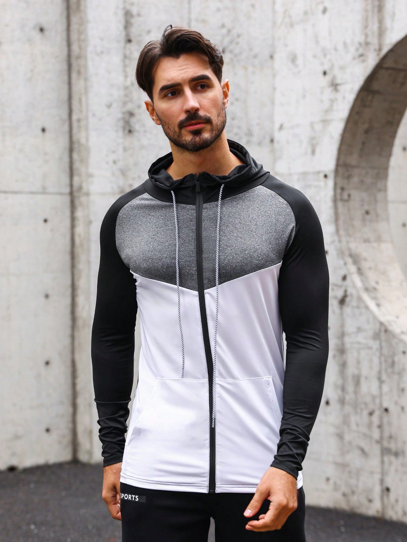 Men's Color-Block Zipper Front Drawstring Hooded Sports Jacket Workout Tops