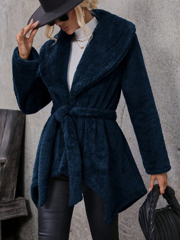 Wrap Collar Coat With Waist Belt