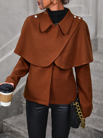 Women's Button Detail Woolen Coat With Cape Collar