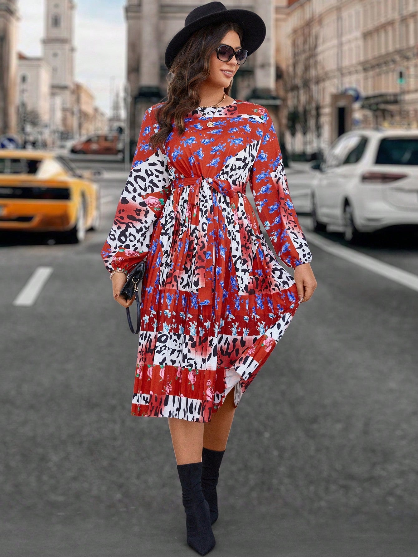 Plus Size Leopard & Floral Print Splicing Lantern Sleeve Belted Dress