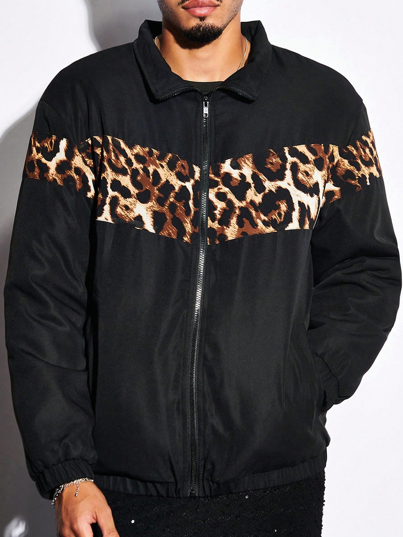 Men's Loose Leopard Pattern Zip-Up Winter Coat