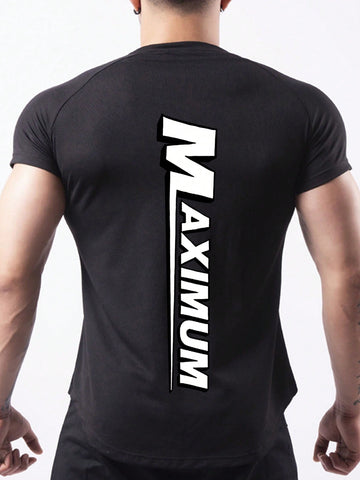 Men's Printed Black Short Sleeve Sport T-Shirt Workout Tops