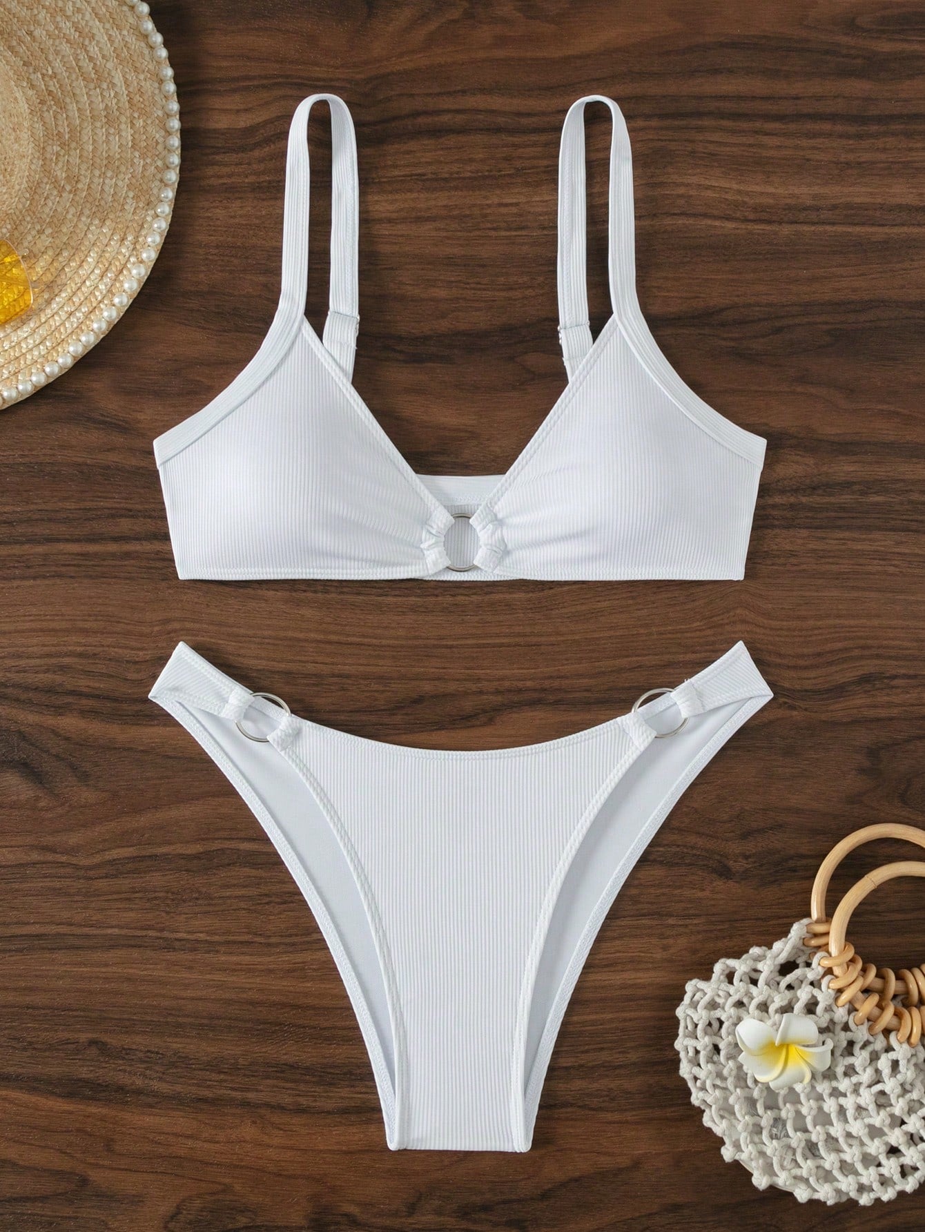 Solid Color Ring Embellished Swimsuit Set