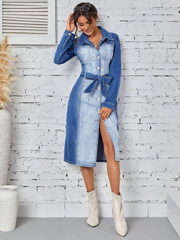 Women's Denim Shirt Dress With Belt