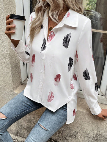 Feather Print Button Front Shirt