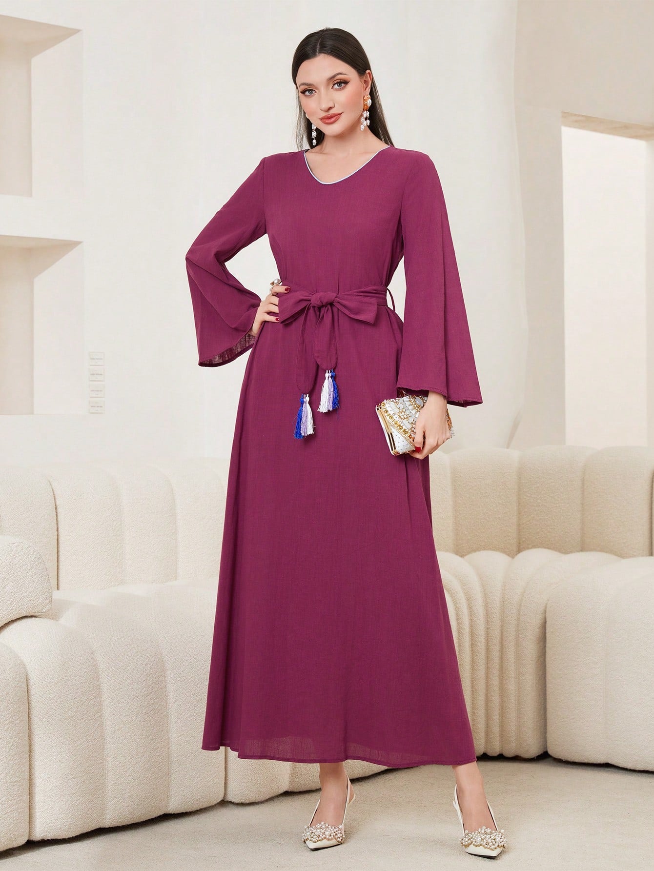 Solid Color Flared Sleeve Dress With Waist Belt