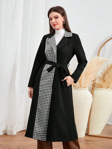 Houndstooth Pattern Patchwork Coat With Belted Waist And Notched Lapel