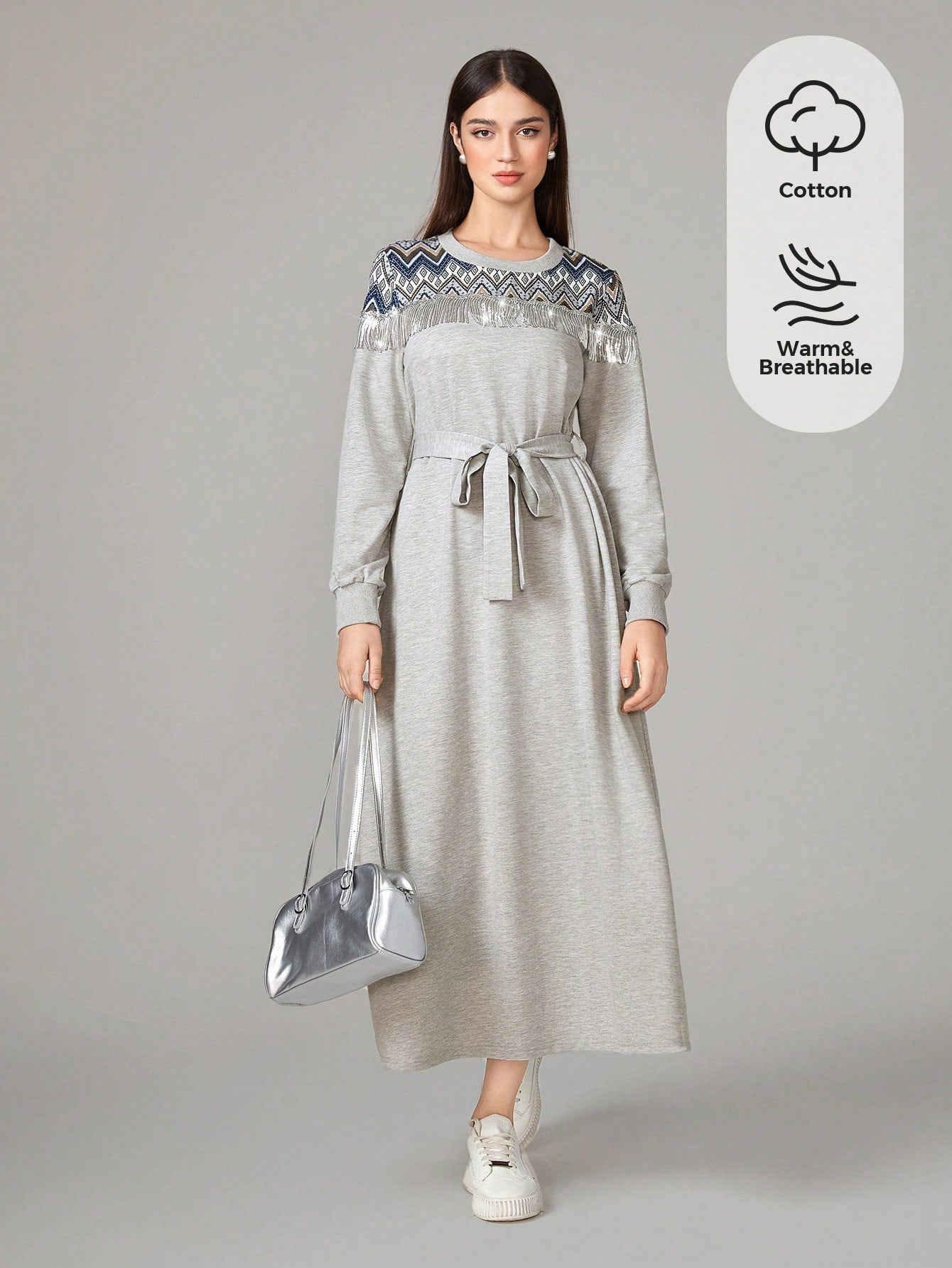 Geo Print Raglan Sleeve Belted Sweatshirt Dress