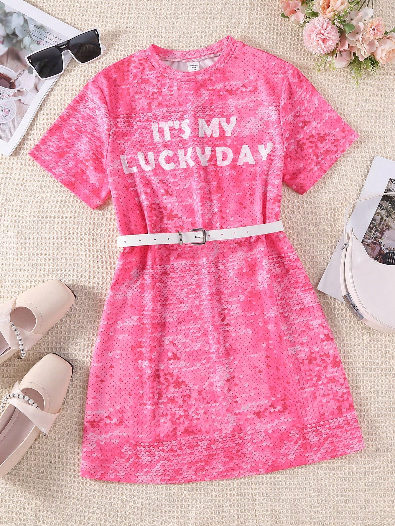 1pc Tween Girls' Digital Printed Sequined Dress With Belt For Spring & Summer