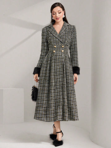 1pc Plaid Pattern Fuzzy Cuff Lapel Neck Double Breasted Tweed Overcoat