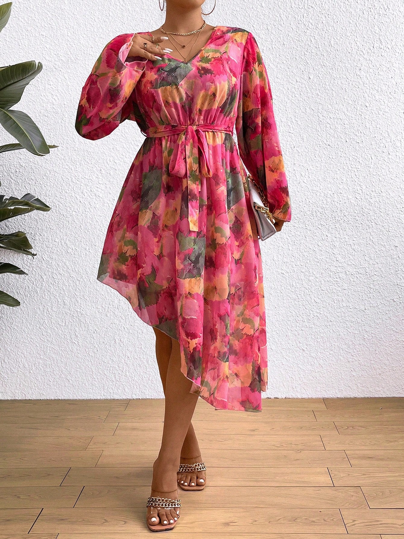 Plus Size Women's Floral Printed Asymmetrical Hem Dress