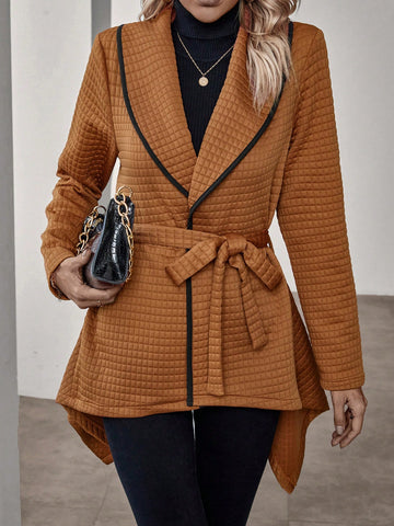 Shawl Collar Contrast Trim Coat With Waist Belt