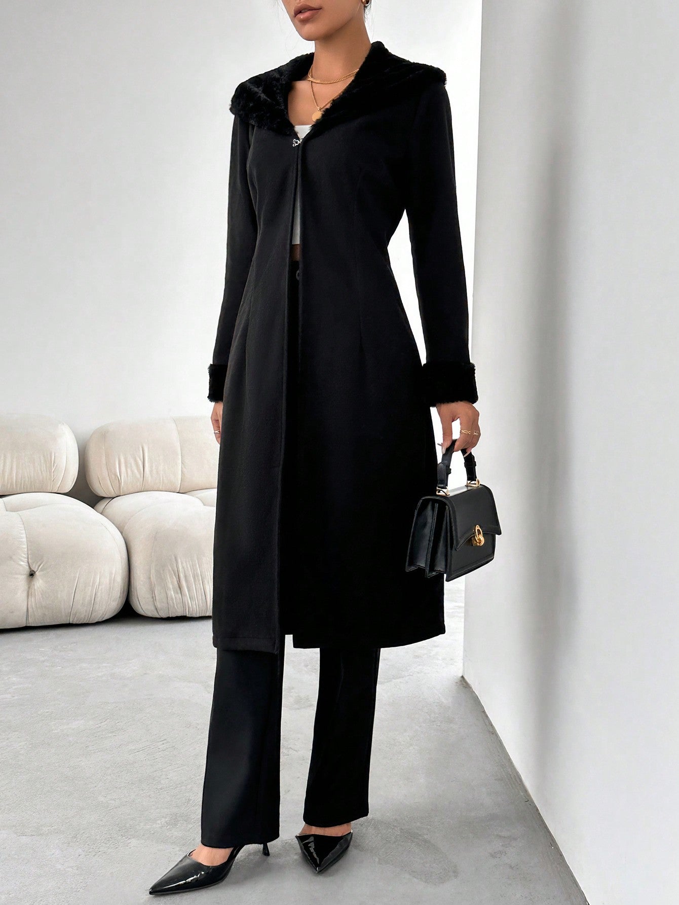 Patchwork Woolen Coat With Fur Collar, Long Style