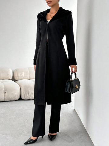 Patchwork Woolen Coat With Fur Collar, Long Style