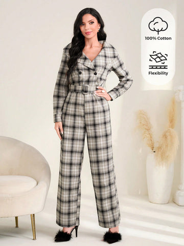 Plaid Print Button Front Belted Jumpsuit