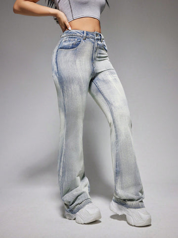 High Waist Flare Leg Jeans With Stonewashed Effect