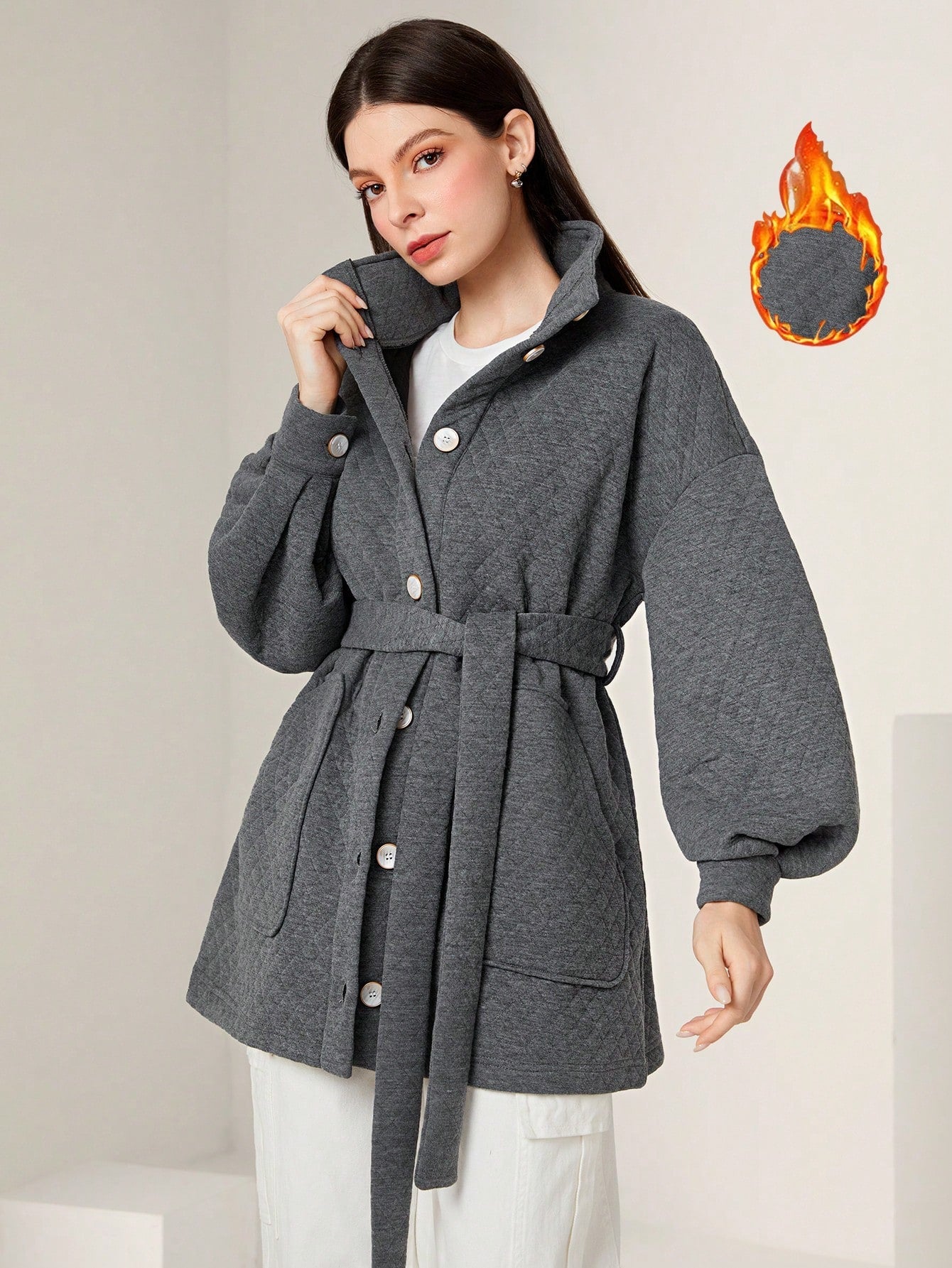 Women's Padded Belted Lantern Sleeve Coat