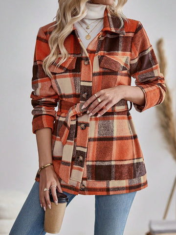 Women's Plaid Shirt Style Woolen Coat