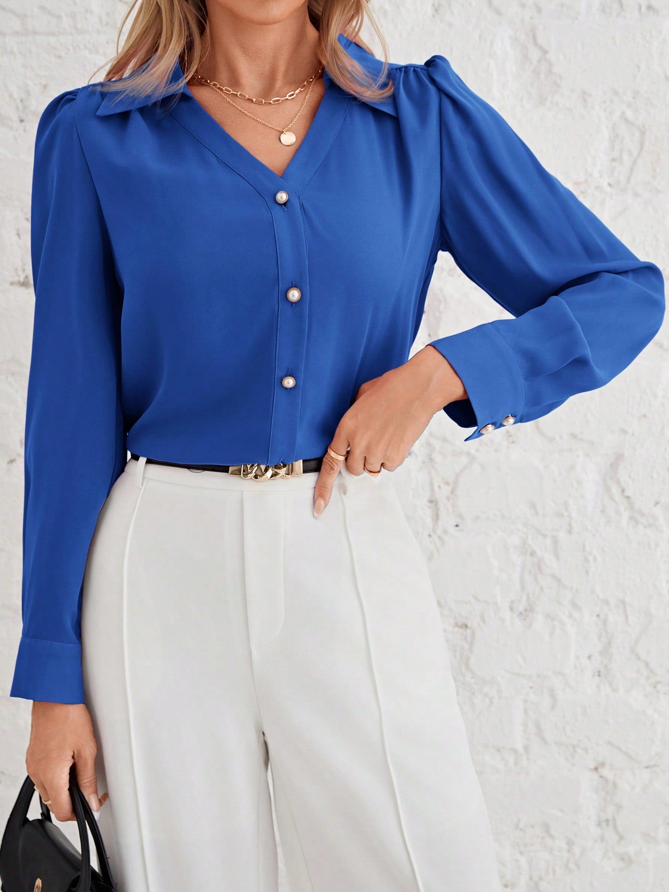 Women's Puff Sleeve V-neck Button Shirt