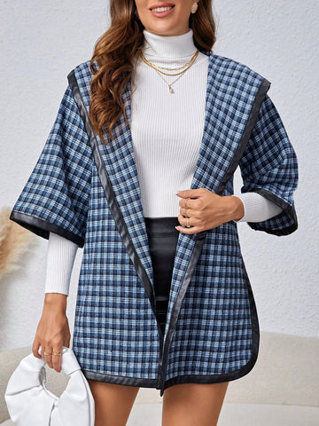 Women's Plaid Notched Collar Open Front Woolen Coat